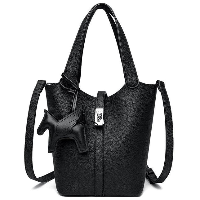 Black Women's Small PU Leather Bucket Bag with Secure Lock and Horse Charm - 20cm Compact Crossbody Handbag for Everyday Use.