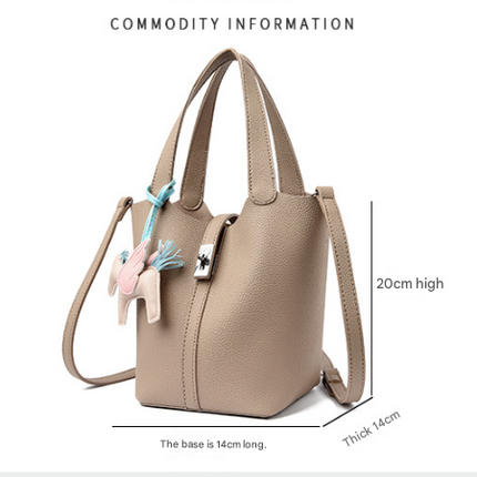 Black Women's Small PU Leather Bucket Bag with Secure Lock and Horse Charm - 20cm Compact Crossbody Handbag for Everyday Use.