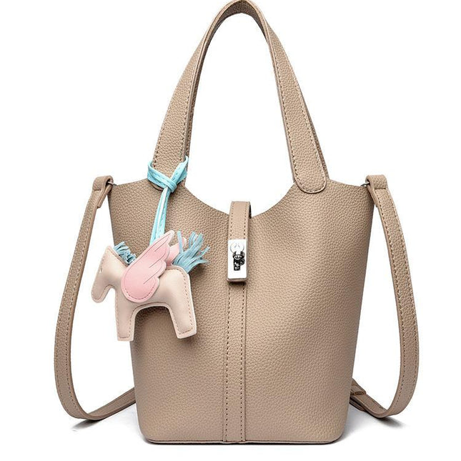 Khaki Women's Small PU Leather Bucket Bag with Secure Lock and Horse Charm - 20cm Compact Crossbody Handbag for Everyday Use.