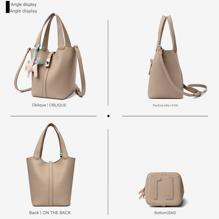 Khaki Women's Small PU Leather Bucket Bag with Secure Lock and Horse Charm - 20cm Compact Crossbody Handbag for Everyday Use.