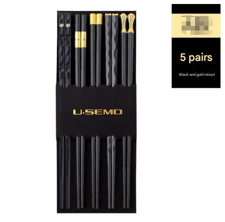 Two-piece Set Premium Alloy Chopsticks Set of 5 Pairs - 24.3cm Black and Gold Luxury Reusable Utensils for Modern Australian Dining.