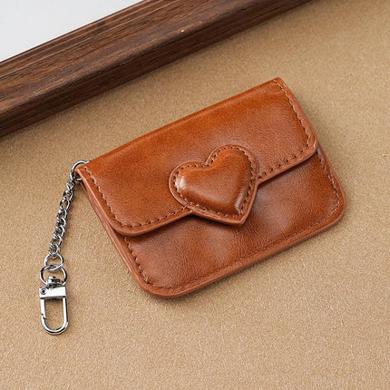 2PCS Brown Women's Slim PU Leather Card Holder with Cute Heart Detail and Keychain Clip - Ultra Thin Portable Card Sleeve for Daily Use and Gifting.
