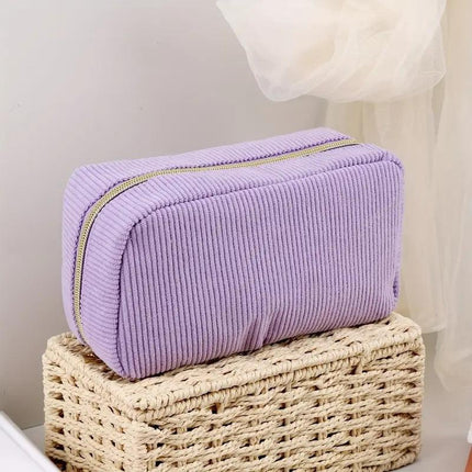 Purple Corduroy Cosmetic Bag Large Capacity 20cm Makeup Pouch for Lipstick Jewelry and Keys - Soft Portable Travel Toiletry Organiser.