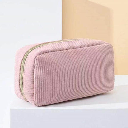 Pink Corduroy Cosmetic Bag Large Capacity 20cm Makeup Pouch for Lipstick Jewelry and Keys - Soft Portable Travel Toiletry Organiser.
