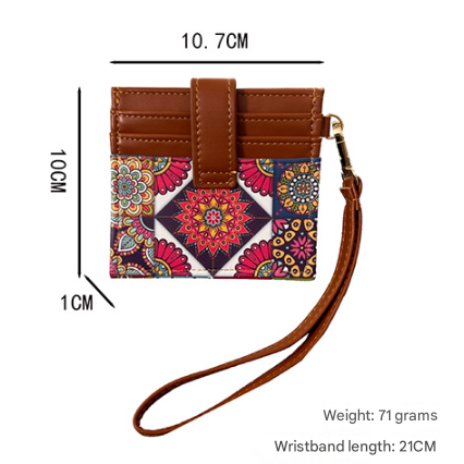 Colorful Ethnic Mandala Pattern PU Leather Mini Card Holder with Wrist Strap and Buckle - Slim High-End Multi-Slot Card Sleeve for Daily Use.