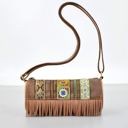 Boho Ethnic PU Leather Cylindrical Crossbody Bag with Embroidery and Fringe - 21cm Vintage Retro Drum Bag for Daily Use.