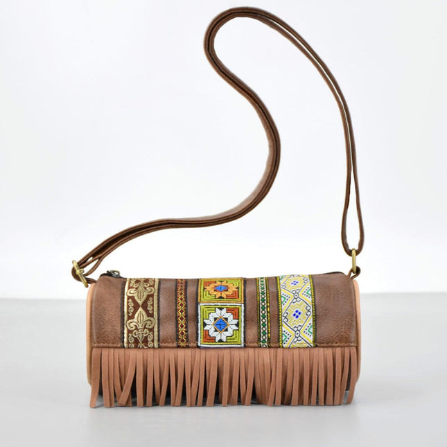 Boho Ethnic PU Leather Cylindrical Crossbody Bag with Embroidery and Fringe - 21cm Vintage Retro Drum Bag for Daily Use.