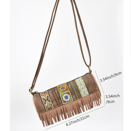Boho Ethnic PU Leather Cylindrical Crossbody Bag with Embroidery and Fringe - 21cm Vintage Retro Drum Bag for Daily Use.