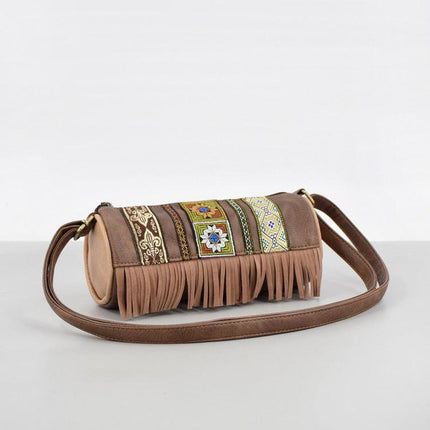 Boho Ethnic PU Leather Cylindrical Crossbody Bag with Embroidery and Fringe - 21cm Vintage Retro Drum Bag for Daily Use.