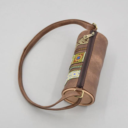 Boho Ethnic PU Leather Cylindrical Crossbody Bag with Embroidery and Fringe - 21cm Vintage Retro Drum Bag for Daily Use.