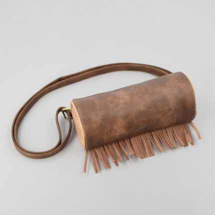 Boho Ethnic PU Leather Cylindrical Crossbody Bag with Embroidery and Fringe - 21cm Vintage Retro Drum Bag for Daily Use.