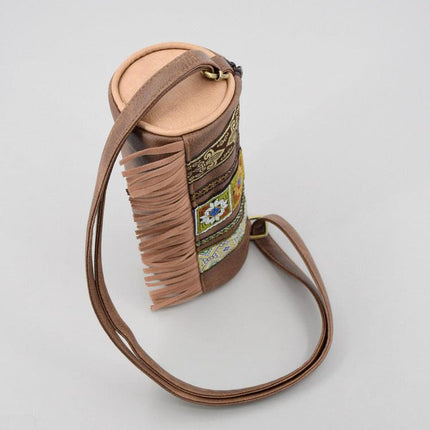 Boho Ethnic PU Leather Cylindrical Crossbody Bag with Embroidery and Fringe - 21cm Vintage Retro Drum Bag for Daily Use.