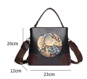 Black Vintage Ethnic Embossed Elephant Bucket Bag - Large Capacity PU Leather Handbag and Crossbody Shoulder Bag for Women - Retro Design 23x20cm.
