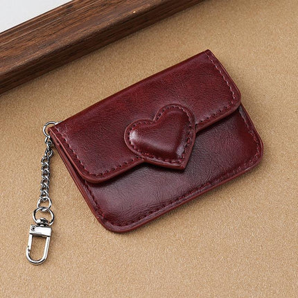 2PCS Wine Red Women's Slim PU Leather Card Holder with Cute Heart Detail and Keychain Clip - Ultra Thin Portable Card Sleeve for Daily Use and Gifting.