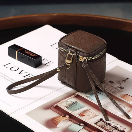 Coffee 2 Pack Mini PU Leather Cube Cosmetic Bag - Portable Travel Pouch for Lipstick, Coins and Jewelry - Compact Storage with Wrist Strap 8x7.5cm.