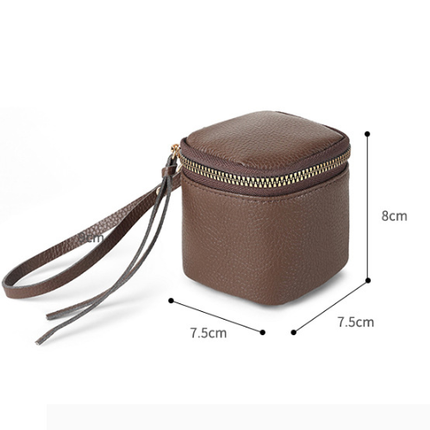 Coffee 2 Pack Mini PU Leather Cube Cosmetic Bag - Portable Travel Pouch for Lipstick, Coins and Jewelry - Compact Storage with Wrist Strap 8x7.5cm.