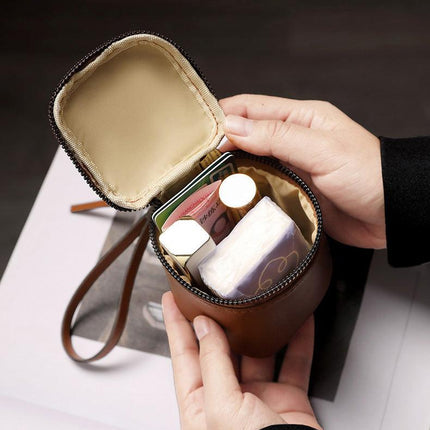 Brown 2 Pack Mini PU Leather Cube Cosmetic Bag - Portable Travel Pouch for Lipstick, Coins and Jewelry - Compact Storage with Wrist Strap 8x7.5cm.