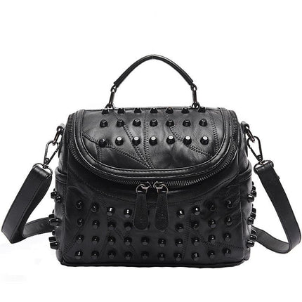 Women's Black Studded Handbag Soft PU Leather Crossbody Shoulder Bag with Rivets Trendy Box Purse 22cm for Travel Party.