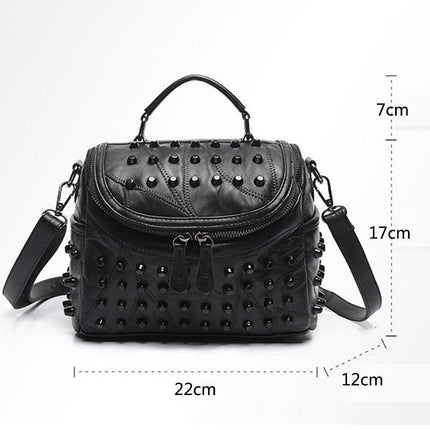Women's Black Studded Handbag Soft PU Leather Crossbody Shoulder Bag with Rivets Trendy Box Purse 22cm for Travel Party.