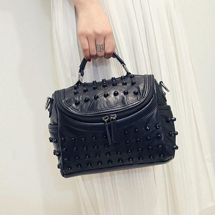 Women's Black Studded Handbag Soft PU Leather Crossbody Shoulder Bag with Rivets Trendy Box Purse 22cm for Travel Party.
