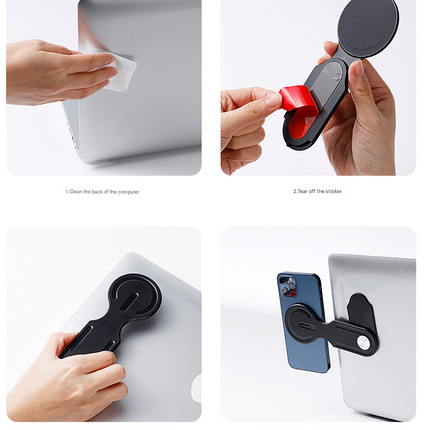 Black Magnetic Laptop Phone Holder Side Mount Expansion Bracket Slim 6mm Foldable Stand with Metal Ring for Dual Screen Work Office Setup.