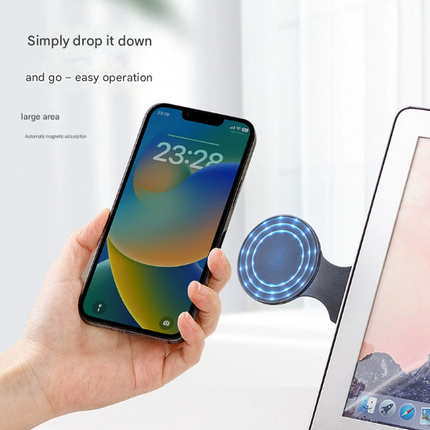 Black Magnetic Laptop Phone Holder Side Mount Expansion Bracket Slim 6mm Foldable Stand with Metal Ring for Dual Screen Work Office Setup.