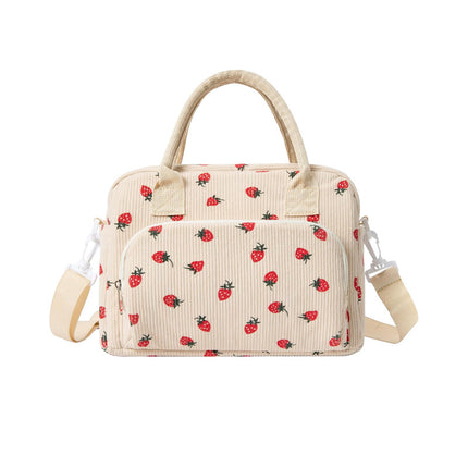 Beige Women's Large Corduroy Lunch Bag Insulated Thermal Tote Strawberry Print with Shoulder Strap for Work School & Picnics.