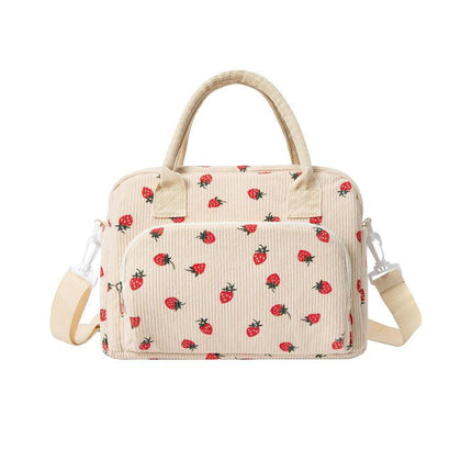 Beige Women's Large Corduroy Lunch Bag Insulated Thermal Tote Strawberry Print with Shoulder Strap for Work School & Picnics.