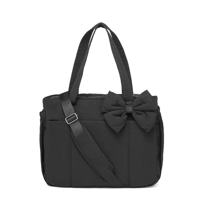 Black Women's Quilted Puffer Tote Bag Large Capacity Lightweight Bow Handbag with Shoulder Strap 42cm for Gym Travel & Baby Care.