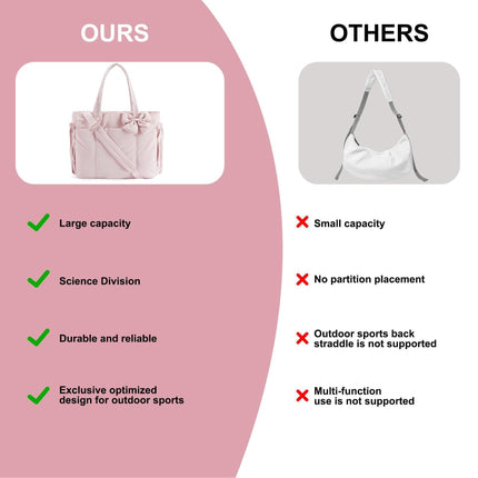 Black Women's Quilted Puffer Tote Bag Large Capacity Lightweight Bow Handbag with Shoulder Strap 42cm for Gym Travel & Baby Care.