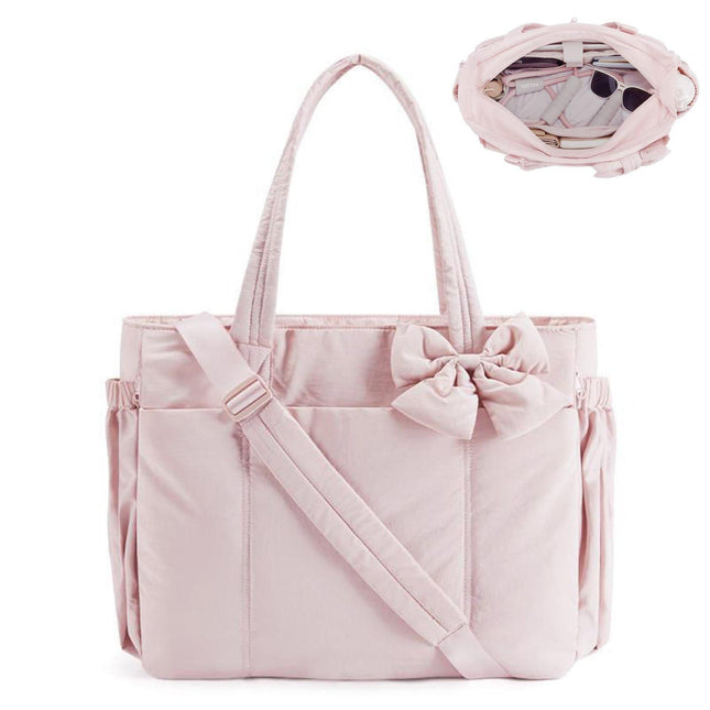 Pink Women's Quilted Puffer Tote Bag Large Capacity Lightweight Bow Handbag with Shoulder Strap 42cm for Gym Travel & Baby Care.