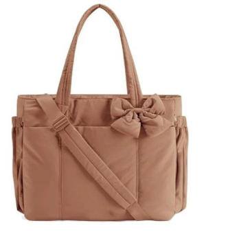 Brown Women's Quilted Puffer Tote Bag Large Capacity Lightweight Bow Handbag with Shoulder Strap 42cm for Gym Travel & Baby Care.