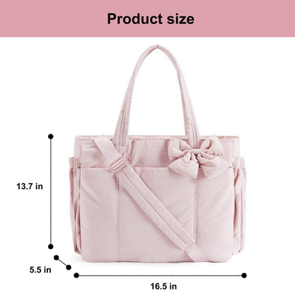 Brown Women's Quilted Puffer Tote Bag Large Capacity Lightweight Bow Handbag with Shoulder Strap 42cm for Gym Travel & Baby Care.