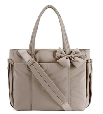Camel Women's Quilted Puffer Tote Bag Large Capacity Lightweight Bow Handbag with Shoulder Strap 42cm for Gym Travel & Baby Care.