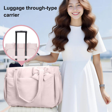 Camel Women's Quilted Puffer Tote Bag Large Capacity Lightweight Bow Handbag with Shoulder Strap 42cm for Gym Travel & Baby Care.