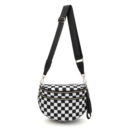 Black-and-white Checkered Pattern Women's Large Crescent Crossbody Bag Lightweight Oxford Cloth Shoulder Sling Purse Adjustable Strap for Travel Gym & Daily Use.