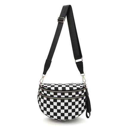 Black-and-white Checkered Pattern Women's Large Crescent Crossbody Bag Lightweight Oxford Cloth Shoulder Sling Purse Adjustable Strap for Travel Gym & Daily Use.