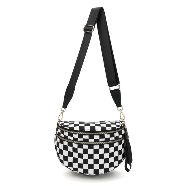 Black-and-white Checkered Pattern Women's Large Crescent Crossbody Bag Lightweight Oxford Cloth Shoulder Sling Purse Adjustable Strap for Travel Gym & Daily Use.