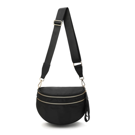 Black Women's Large Crescent Crossbody Bag Lightweight Oxford Cloth Shoulder Sling Purse Adjustable Strap for Travel Gym & Daily Use.
