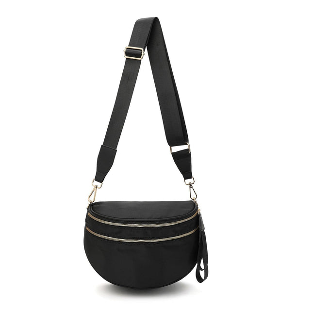 Black Women's Large Crescent Crossbody Bag Lightweight Oxford Cloth Shoulder Sling Purse Adjustable Strap for Travel Gym & Daily Use.