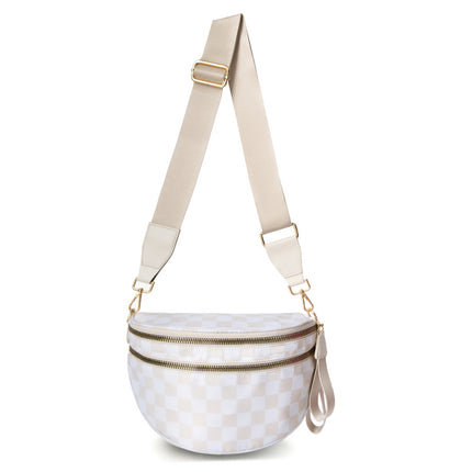 White-and-beige Checkered Pattern Women's Large Crescent Crossbody Bag Lightweight Oxford Cloth Shoulder Sling Purse Adjustable Strap for Travel Gym & Daily Use.