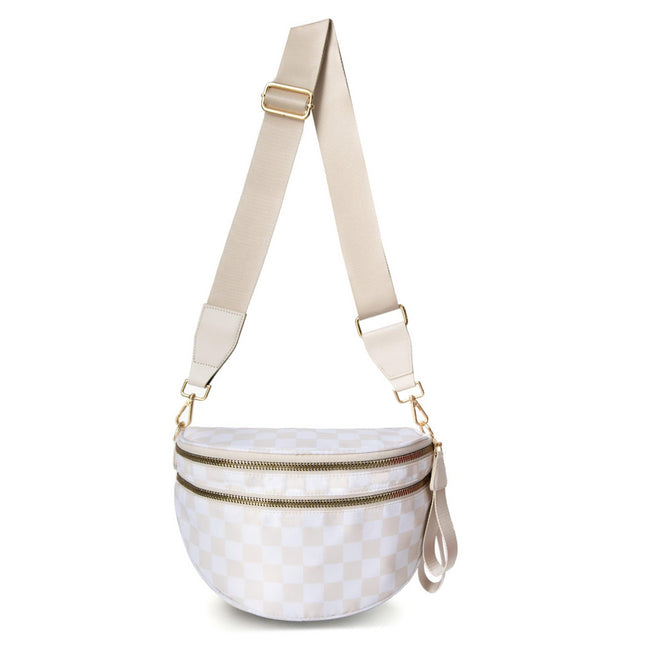 White-and-beige Checkered Pattern Women's Large Crescent Crossbody Bag Lightweight Oxford Cloth Shoulder Sling Purse Adjustable Strap for Travel Gym & Daily Use.
