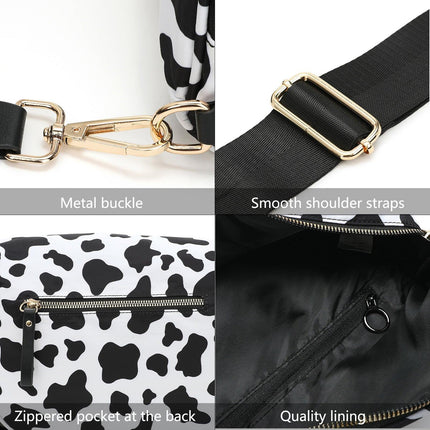White-and-beige Checkered Pattern Women's Large Crescent Crossbody Bag Lightweight Oxford Cloth Shoulder Sling Purse Adjustable Strap for Travel Gym & Daily Use.