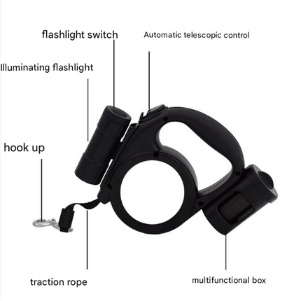 Dark Blue 3-in-1 Retractable Dog Leash with LED Flashlight and Waste Bag Dispenser 5m Nylon Lead for Dogs up to 20kg Essential Pet Walking Gear.