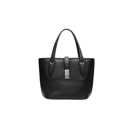 Black Women's Vegetable Tanned Leather Bucket Bag Minimalist Crossbody Handbag with Inner Canvas Pouch for Work Daily Use.