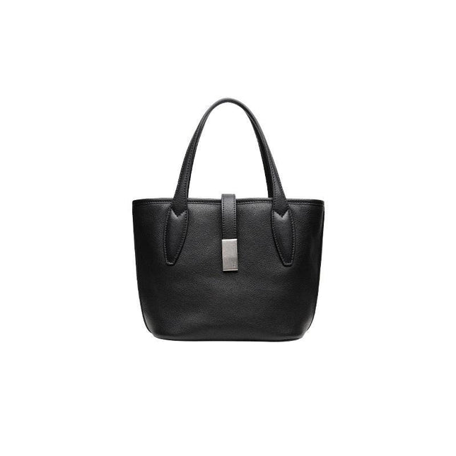 Black Women's Vegetable Tanned Leather Bucket Bag Minimalist Crossbody Handbag with Inner Canvas Pouch for Work Daily Use.