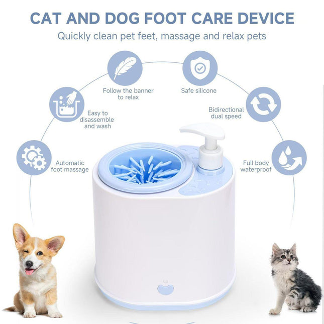 Blue Electric Pet Paw Cleaner Automatic Dog Foot Washer Cup with Built-in Soap Dispenser Soft Silicone Massage Bristles for Small Dogs & Cats.