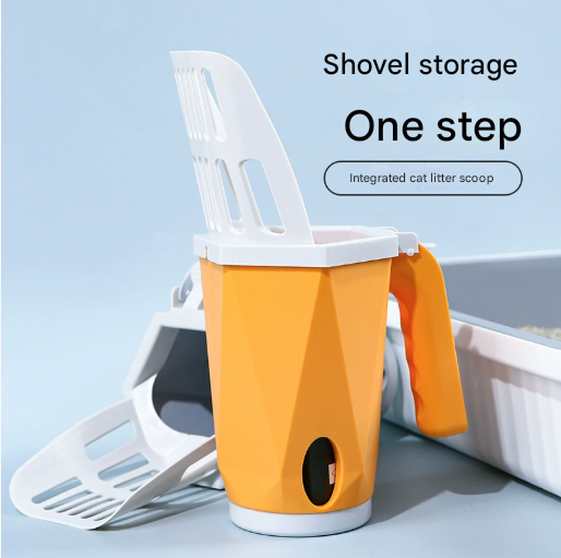 Grey 2-in-1 Cat Litter Scoop with Attached Waste Bin Integrated Poop Scooper Holder Detachable Kit with 150 Degradable Bags.