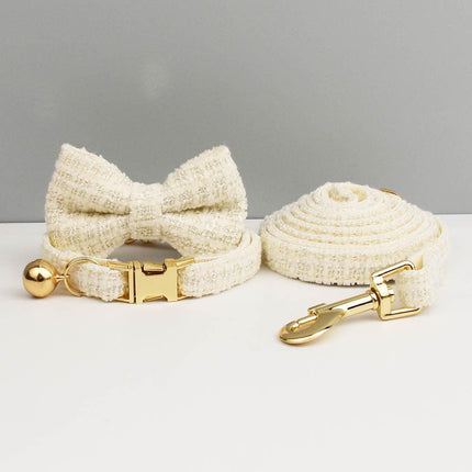 S White 3 Piece Luxury Tweed Cat Collar and Leash Set with Removable Bow Tie & Bell Adjustable Neck Strap for Kittens Small Dogs Elegant Walking Gear.