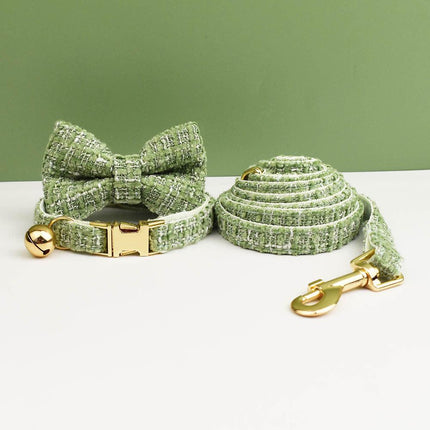 L Green 3 Piece Luxury Tweed Cat Collar and Leash Set with Removable Bow Tie & Bell Adjustable Neck Strap for Kittens Small Dogs Elegant Walking Gear.